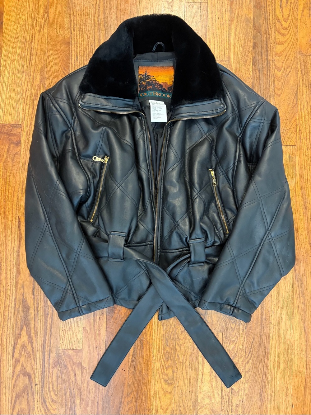 Black Quilted Leather Belted Jacket with Faux Fur Collar